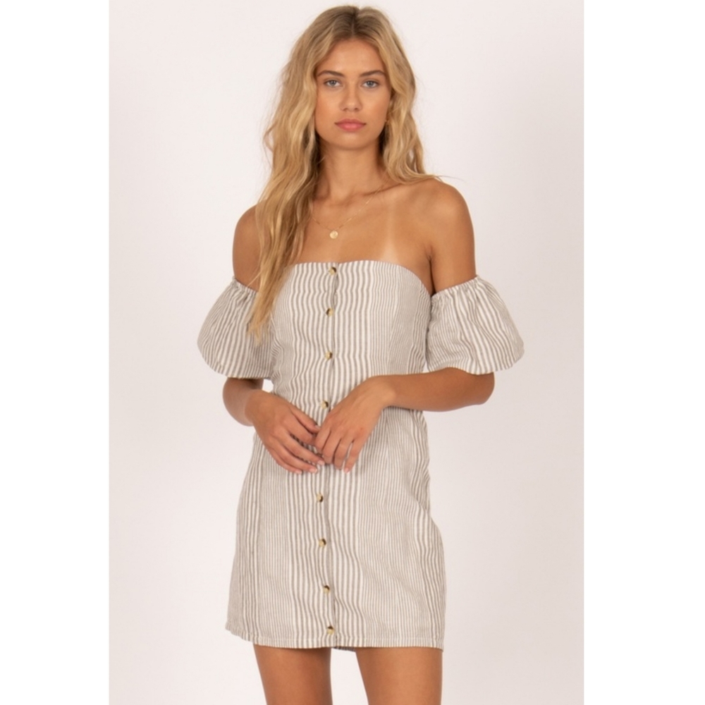 Amuse Society Island Skies Gray & White Striped Strapless Dress Size S